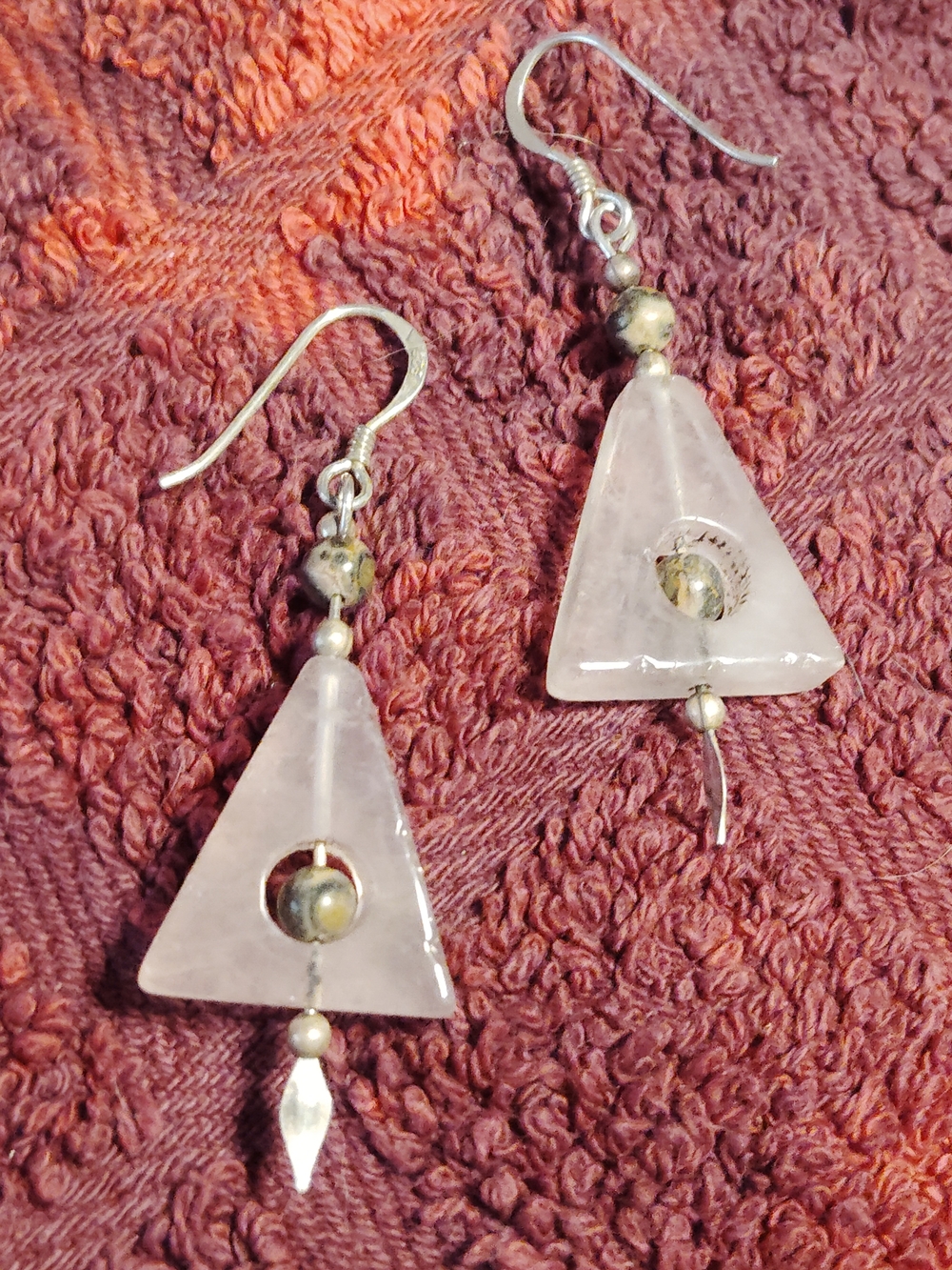 Pink Rose Quartz Triangle Drop Earrings - 2 -1/2" Inches Long., (-Triangle 1 In